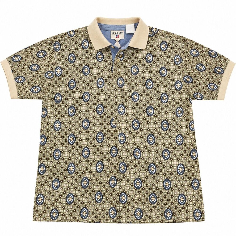 Vintage Bugle Boy Company Geometric Paisley Polo Shirt Men’s XL 90s Retro Brown